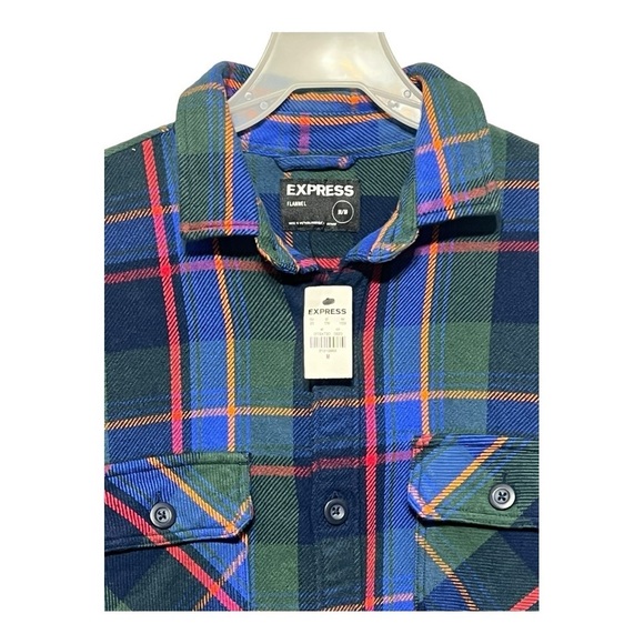 Men’s Express Long Sleeve Button Up Shirt Medium Blue Plaid Flannel Shirt - Picture 3 of 7